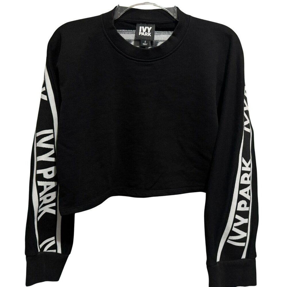 IVY PARK Black Cropped Sweater Sweatshirt White Tape Logo Oversized Trendy Sz S